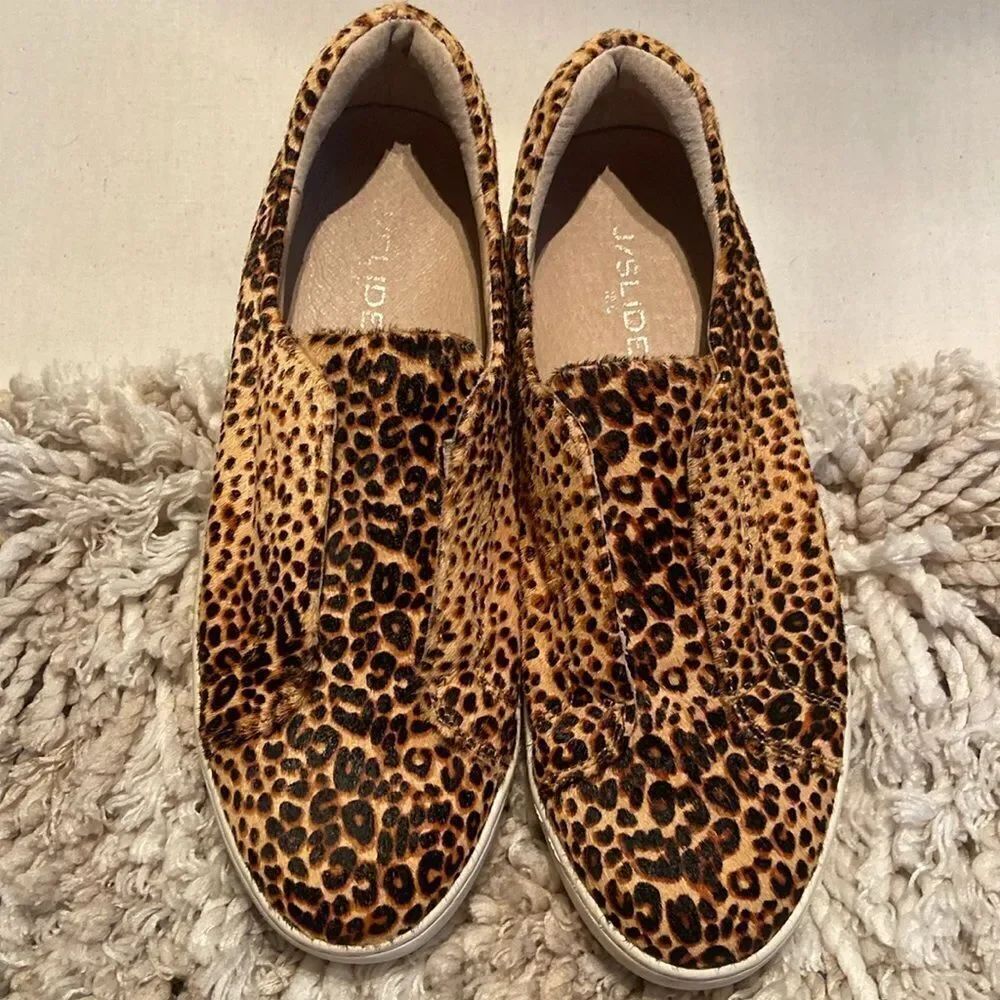 J/Slides Womens Heidi Brown Leopard Print Slip On Calf Hair Sneaker Shoe…